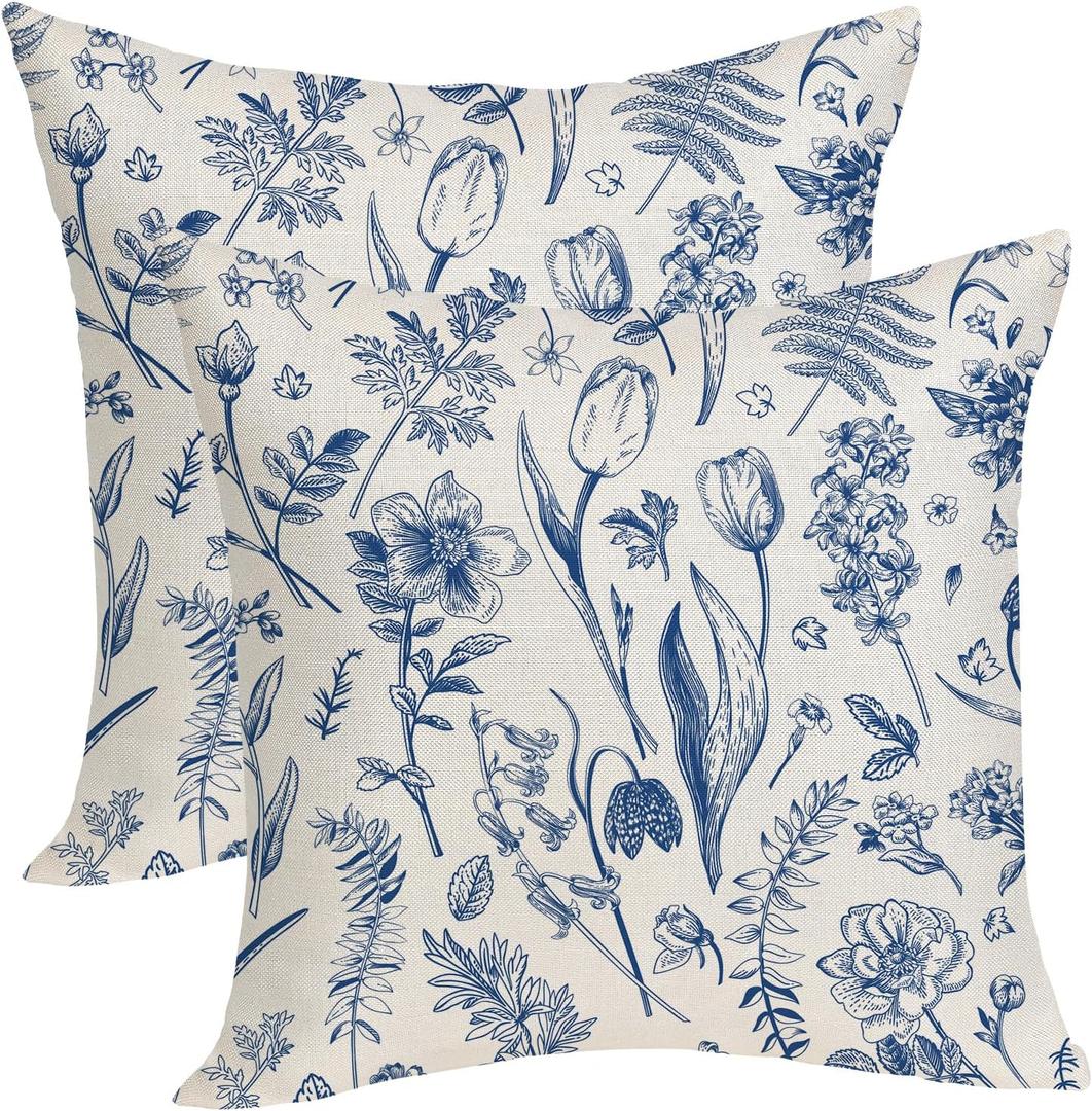 Spring Floral Pillow Cover 18x18 Pack of 2 Navy Blue Tulip Wildflower Leaf Throw Pillow Cover,Summer Holiday Decor Plant Pillowcase Rustic Decorative Cushion Case for Sofa Couch Outdoor Indoor