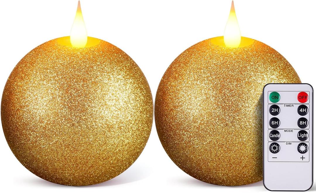 Retisee 2 Pcs Christmas Round Flameless Candles Real Wax with Remote Timer, 4.5″ x 3.8″ LED Glitter Christmas Ball Candles Battery Operated 3D Wick Flickering for Xmas Table Decor Gift(Gold)