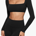 Womens Square Neck Long Sleeve Crop Top Workout Athletic Yoga Basic Tee Bandeau Fitted T-Shirt with Built in Bra (XS, Black)