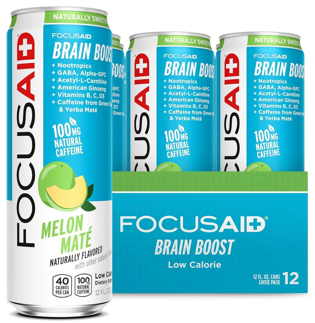 FOCUSAID Energy Blend, Brain Boosting Nootropics Drink, Alpha-GPC, GABA, B-Complex, Yerba Mate, Green Tea, 100% Clean, 100mg Natural Caffeine, 12-oz. can, 12 Pack, Best By 03/02/2027