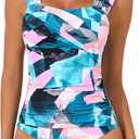 One Piece Bathing Suit for Women Tummy Control Swimsuits Square Neck Ruched Modest Swimwear (Large, Colorful Blocks)