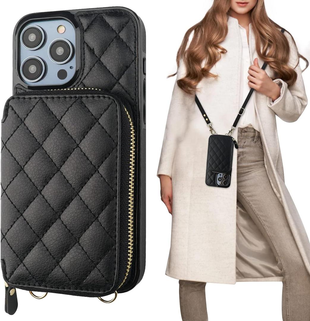 Bocasal Crossbody Wallet Case for iPhone 14 Pro Max, RFID Blocking PU Leather Zipper Handbag Purse Flip Cover, Kickstand Folio Case with Card Slots Holder Wrist Strap Lanyard 5G 6.7 Inch (Black)