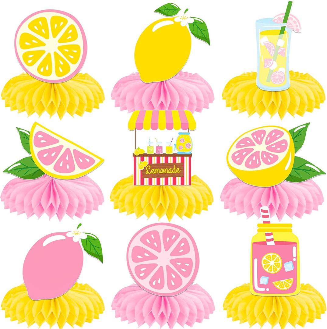 12Pcs Pink Lemonade Honeycomb Centerpieces Lemon Citrus Table Decorations, Double-Sided Printed Lemonade Stand Party Supplies for Summer Birthday Baby Shower Pool Party BBQ Decor