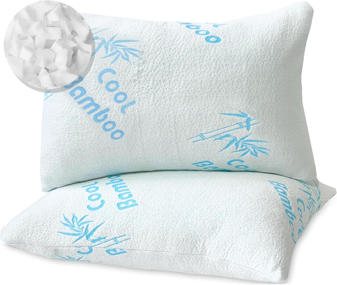 Cool Rayon of Bamboo Pillows for Sleeping, Soft Shredded Adjustable Memory Foam Washable Zippered Breathable Cover, Relieves Neck Pain Asthma for Back/Stomach/Side Sleeper