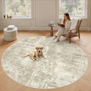 Soalmost Round Rugs 9ft Living Room Circle Area Rug 9x9 Beige/Gray Vintage | Washable Non Slip Abstract Carpet for Apartment, Dining Bedroom, Soft Low Pile Stain Resistant Foldable Floor Mat Entryway