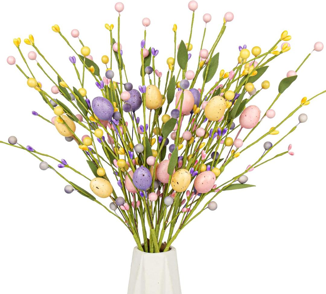 Yawwind 12 PCs Easter Table Flowers17 Inches Eggs Flowers Easter Floral Stems with Colorful Eggs Berry for Home Vase Spring Indoors Decor