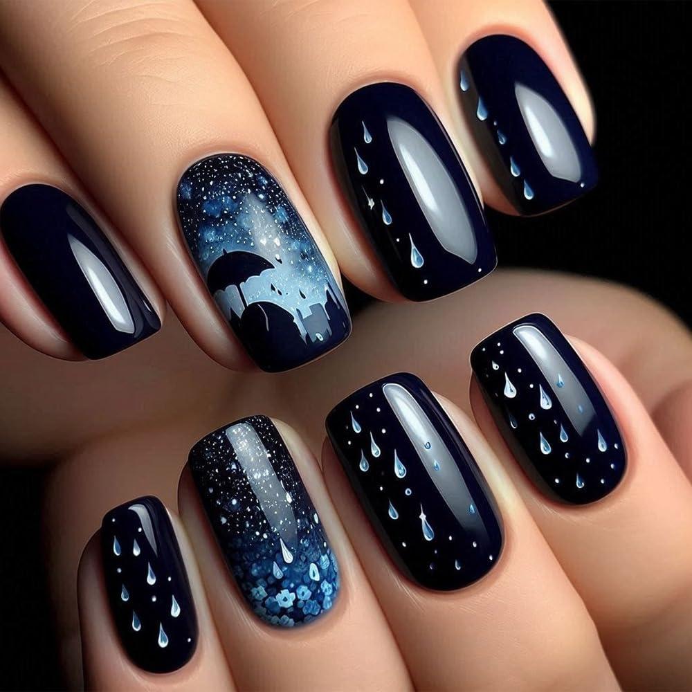 24 Pcs Star Press on Nails Medium Coffin Shaped Fake Nails Black Blue Gradient with Raindrop Star Umbrella Deisgns Glitter Acrylic Nails Sparkly Winter Xmas False Nails Stick on Nails for Nail Art