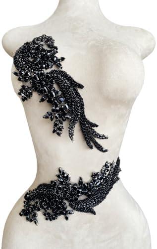 1 Pair Handmade Beaded Crystal Patches Bodice Lace DIY Applique Patches Accessory for Dress Clothes 35X12cm (Black)
