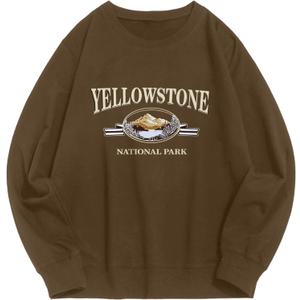 ZAFUL Men's Graphic Sweatshirts Long Sleeve Crewneck Vintage Printed Streetwear Casual Drop Shoulder Pullover Tops, Brown 