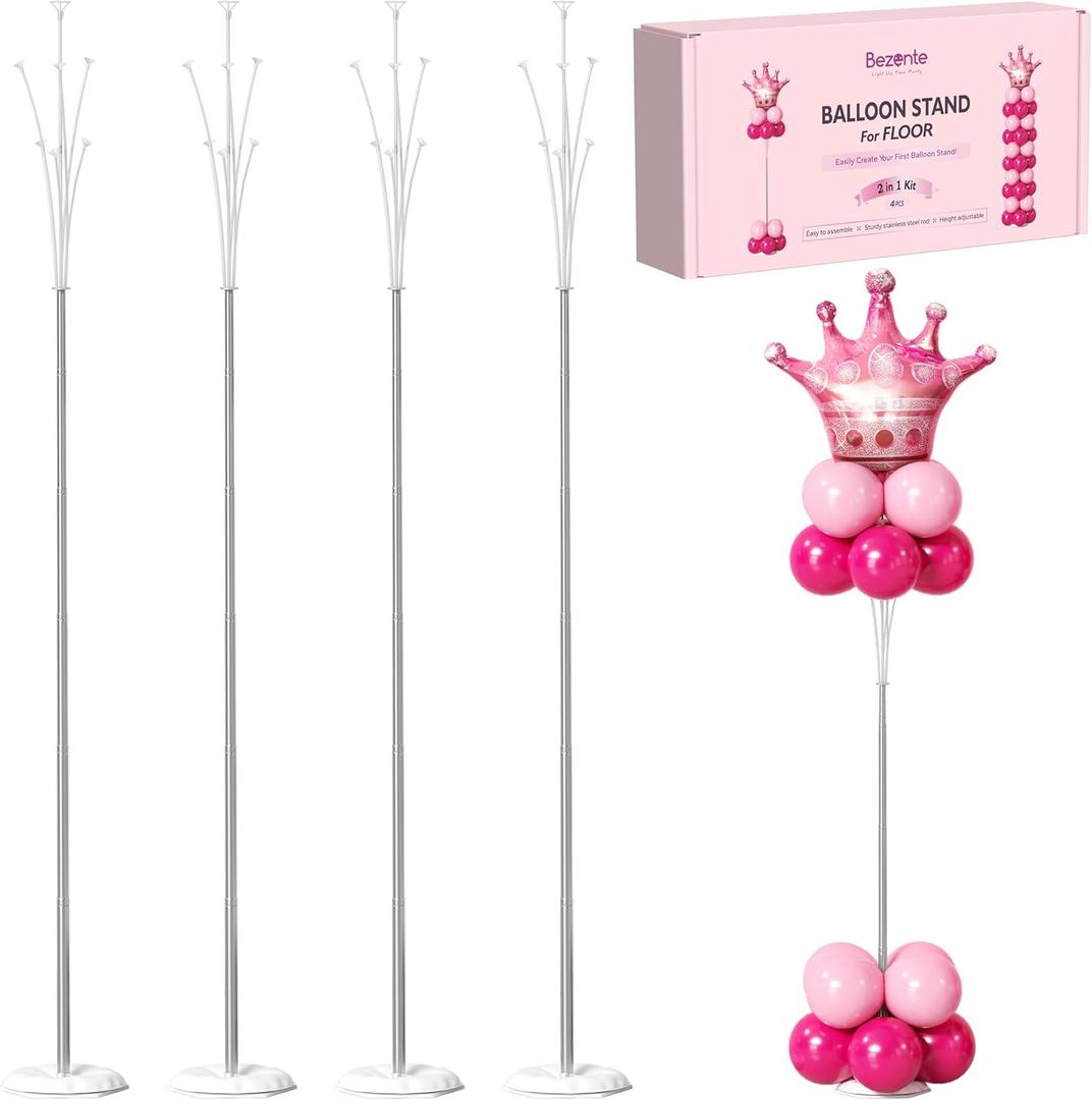 Bezente Balloon Column Stand Set of 4, 9 Feet Adjustable Telescopic Balloon Stand Kit for Floor, Ballon Column Tower with Base and Pole, Metal Backdrop Stands for Baby Shower, Party Decorations
