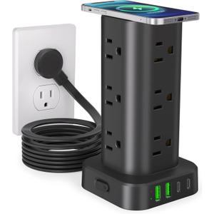 Power Strip Tower with Wireless Charger, Flat Plug Surge Protector Tower with 10FT Extension Cord, 12 AC Multiple Outlets, 4 USB (2 USB C),15W Wireless Charging Power Tower for Home Office Dorm, Black