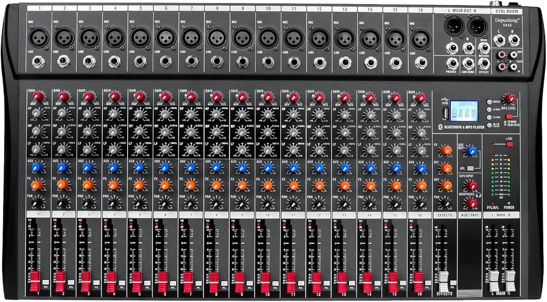 Depensheng DX16 DJ Sound Controller Interface w/USB Drive for Computer Recording 16-Channel Studio Audio Mixer - XLR Microphone Jack, 48V Power, RCA Input/Output for Professional and Beginners