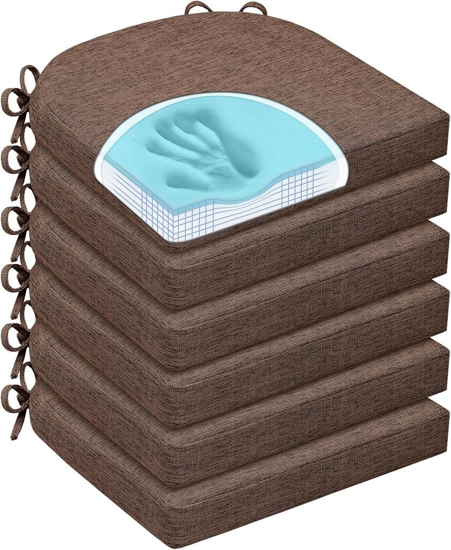 Chair Cushions for Dining Chairs, Non-Slip Chair Pads with Ties and Washable Covers, Memory Foam Kitchen Chair Cushions Set of 6, 16"X16"X2.5", Brown