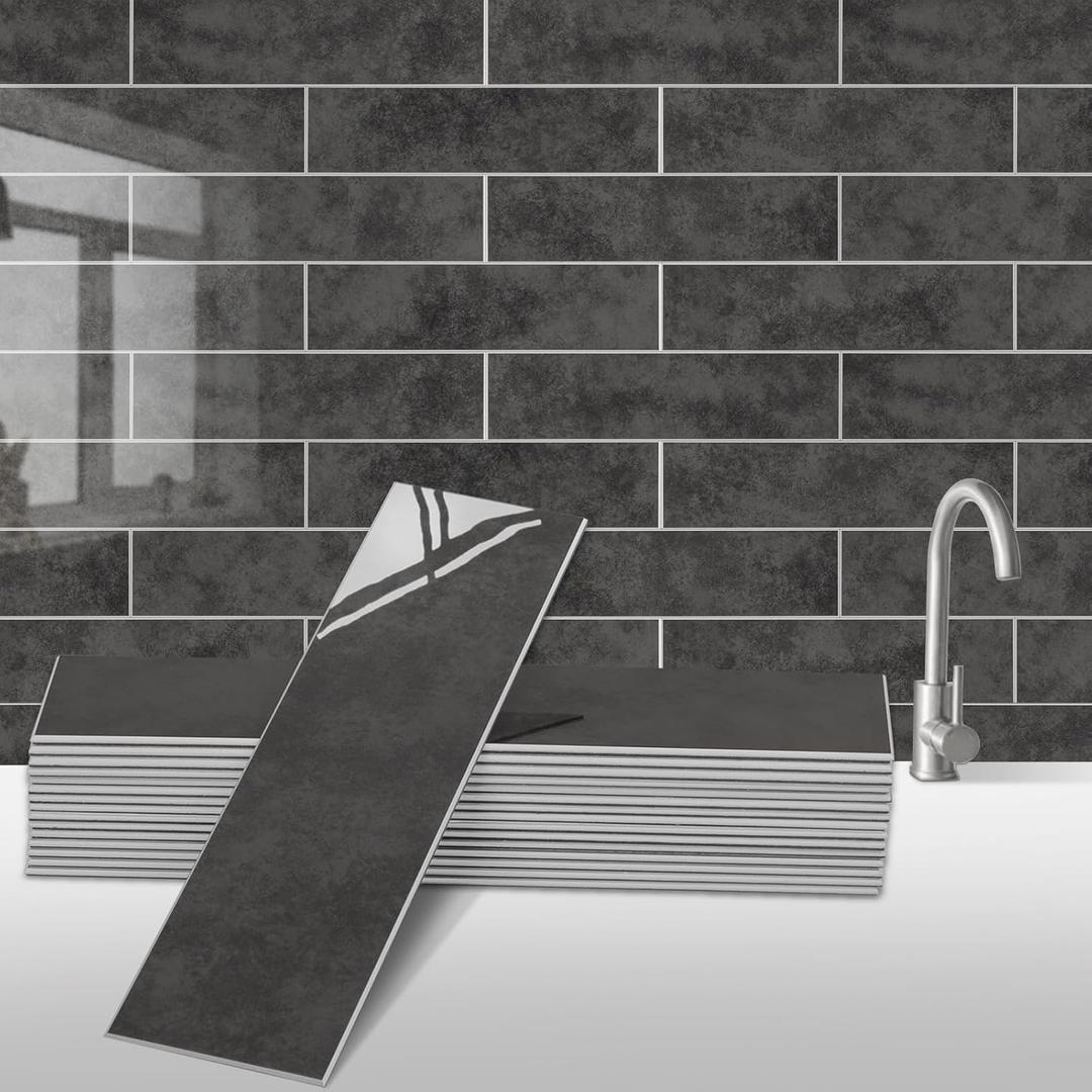 24-Pieces Peel and Stick Tiles for Kitchen Backsplash, New Upgrade Design 12" x 3"SPC Subway Backsplash Tiles, Marble Black Premium Finger Tiles (Dark Grey). (10 Sheet)