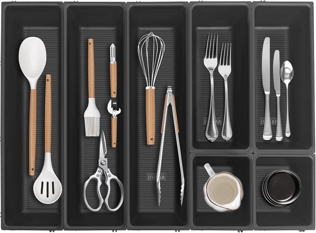 JEHONN Silverware Organizer, Utensil Drawer Tray for Kitchen Flatware Cutlery, Large Adjustable Plastic Storage Divider with 7 Compartment for Spoons Forks Knives (Black)