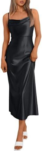 LILLUSORY Women Cocktail Summer Dresses 2025 Satin Silk Spaghetti Strap Backless Elegant Cowl Neck Midi Tie Ruched Sexy Dress Black Medium