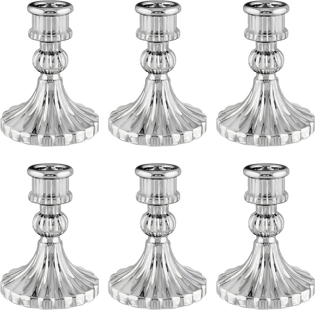 ECHFSM Glass Candlestick Holder, Striped Taper Candle Holders, Set of 6 Candle Stand for Table Centerpieces, Home Decor, Weddings, Festival and Parties (Silver Stripe)