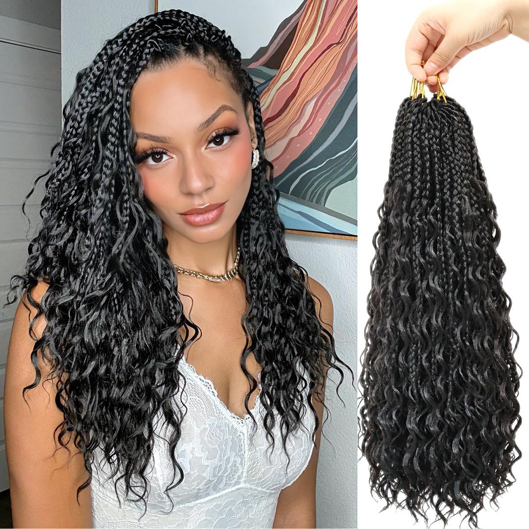 Eacia Goddess Box Braids Crochet Hair for Black Women 18 Inch Pre Looped Boho Crochet Box Braids with Curly Ends 7 Packs (18 Inch, 1B#)
