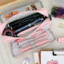 allydrew Large Capacity Pencil Case, 3 Compartment Pencil Pouch for Stationery Pens, Pink