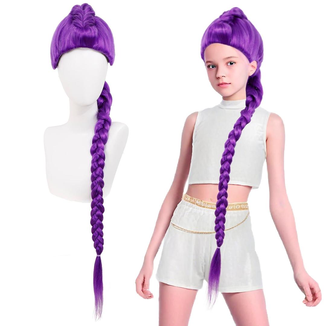 47 Inches Long Purple Braided Wig for Girls Natural Looking Hair Anime Costume Wig for Stage Party Halloween Costume Cosplay (Purple, 120cm, All-in-one Lace Front)