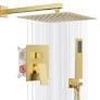Gold Shower System, 10'' Square Rainfall Shower Head with Handheld Combo Spray, Bathroom Brushed Gold Shower Faucet Set with Valve, 59'' Shower Hose, Shower Trim Kit and Diverter, Wall Mounted