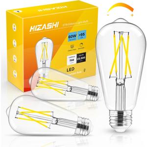 Hizashi E26 Edison Bulb 60 Watt LED, 4000K Dimmable Light Bulbs, ST19 Vintage Light Bulbs Cool White, 95+CRI, UL Listed,700 Lumens 6W E26 Medium Base, Clear Glass, Pack of 3