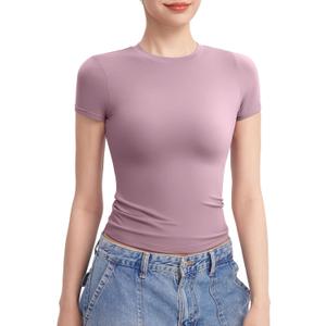 PUMIEY Women's Crew Neck Short Sleeve Tops Double Lined Slim Fit T Shirts Basic Tee Smoke Cloud Pro Collection (Small, Mauve)