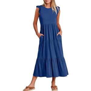 ANRABESS Women Summer Casual Ruffle Sleeveless Maxi Dress A-Line Flowy Tiered Beach Long Sundress with Pockets Dark Blue X-Large