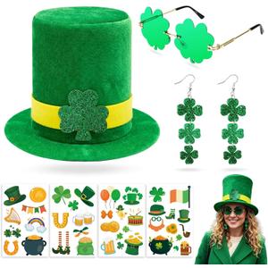 7 Pcs St. Patrick's Day Costume Accessories Leprechaun Top Hat Shamrock Earrings Glasses Irish Stickers Set for Women