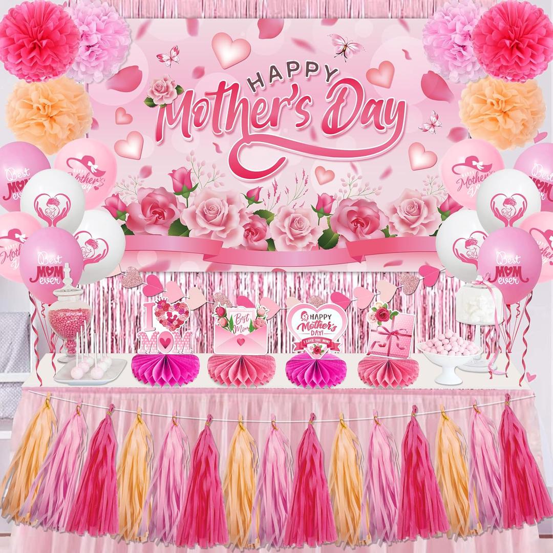 Mother's Day Decorations Pink Floral Happy Mothers Day Backdrop Honeycomb Table Centerpieces Balloons Foil Curtains Paper Pom Poms Wall Hanging Dining Decor Mothers Day Party Supplies