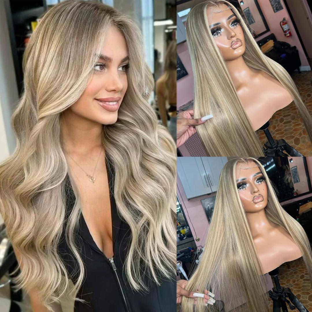 Ombre Blonde Lace Front Wig Human Hair for White Women Ash Brown Roots to Ash Blonde with White Platinum Highlights Glueless Wigs Human Hair Pre Plucked with Baby Hair 180% Density Straight 20 Inch