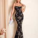 Formal Wedding Guest Maxi Dresses for Women Floral Spaghetti Strap Bodycon Elegant Cocktail Party Long Dress (Black)