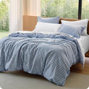 Bedsure Gingham Duvet Cover King, 100% Washed Cotton Duvet Cover LinenLike, PureWoven with Reversible YarnDyed Design & DoubleStitch Craft, 3-Piece with Zipper, Gingham Cornflower Blue, 104"x90"