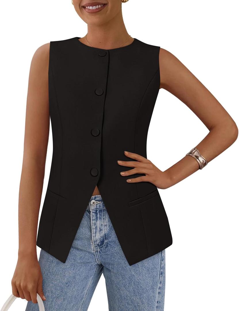 PRETTYGARDEN Women's Summer Suit Vest Tops 2025 Dressy Business Casual Sleeveless Button Down Trendy Fashion Blazer Waistcoat (X-Large, Black)