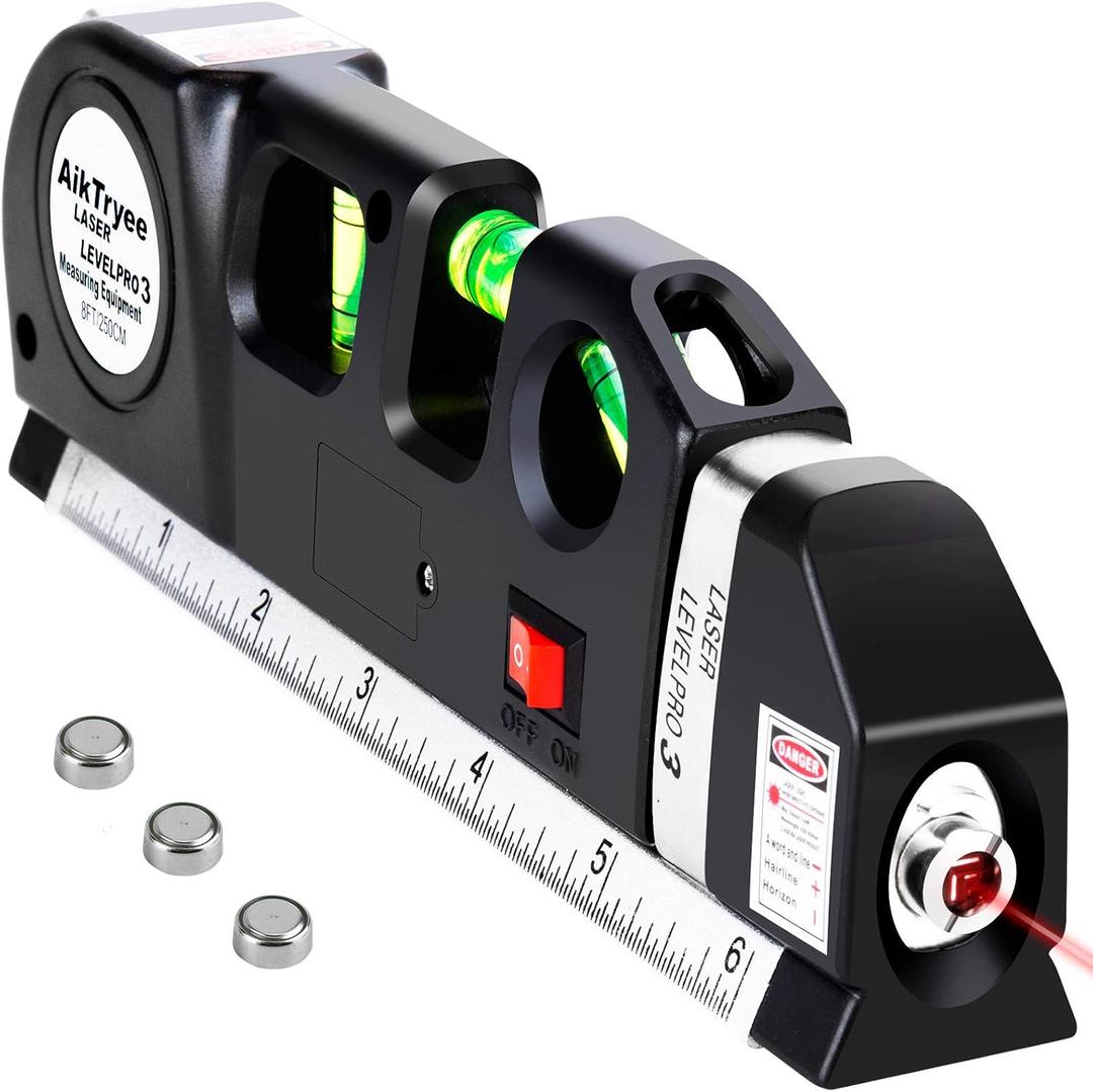 AikTryee Multipurpose ABS Laser Level Line Tool Kit | Standard Cross | leveler Beam with Metric Rulers 8ft/2.5M for Picture Hanging cabinets Tile Walls (Black)