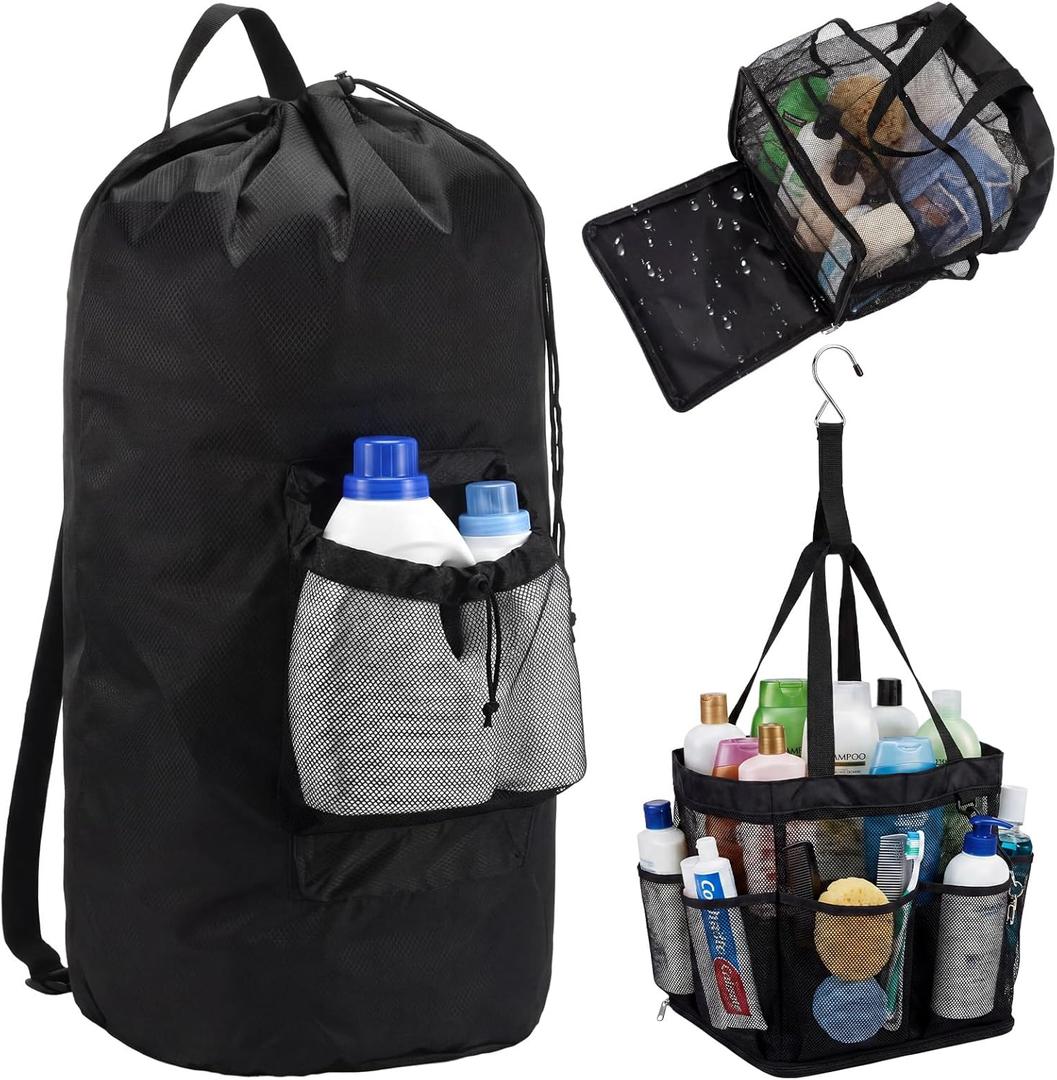 2 Pcs Black Backpack Laundry Bag and Caddy Portable Set Dorm Room Laundry Backpack Shower Caddy Basket Hooks for College Dorm Room Travel Laundromat Apartment