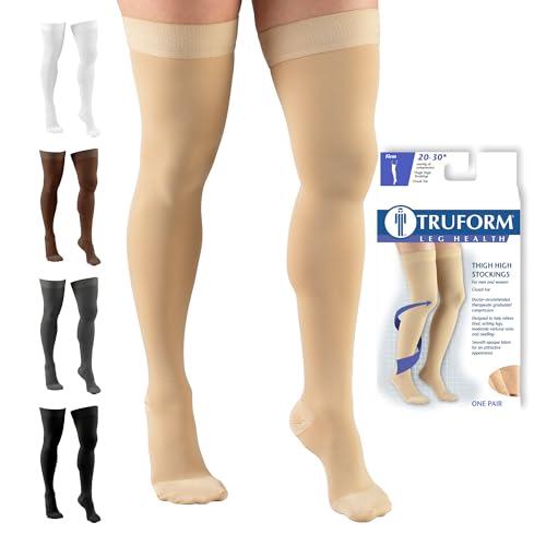 Truform 20-30 mmHg Compression Stockings for Men and Women, Thigh High Length, Dot Top, Closed Toe, Beige, X-Large