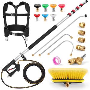 24FT Telescoping Power Washer Extension Wand, Gutter Cleaning Tools with Brush Head, 4 Adapters, 7 Spray Nozzles, Upgraded Support Belt, Pressure Washer Wand Extension for Wall Roof Gutter