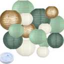 Paper Lanterns Decorative, Round Paper Lanterns Decorations Sage Green/Forest Green/Gold/White for Rustic Party Birthday Party Bachelorette Engagement Wedding Baby Shower 15pcs