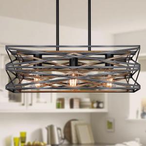 Sigaitwei 21''Farmhouse Dining Room Light Fixture,3-Light Kitchen Island Lighting,Industrial Chandelier for Dining Room Over Table Kitchen Bar,Linear Chandelier with Retro Wood Texture Interior