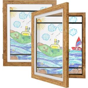 Kids Art Frames 9x12 Set of 2 - Front Opening Childrens Picture Frame Changeable, Wood Artwork Display Storage for Wall Mount, Magnetic Door Holds 50 Art Pieces for Drawings, 3D Picture, Crafts, Portfolio, Brown