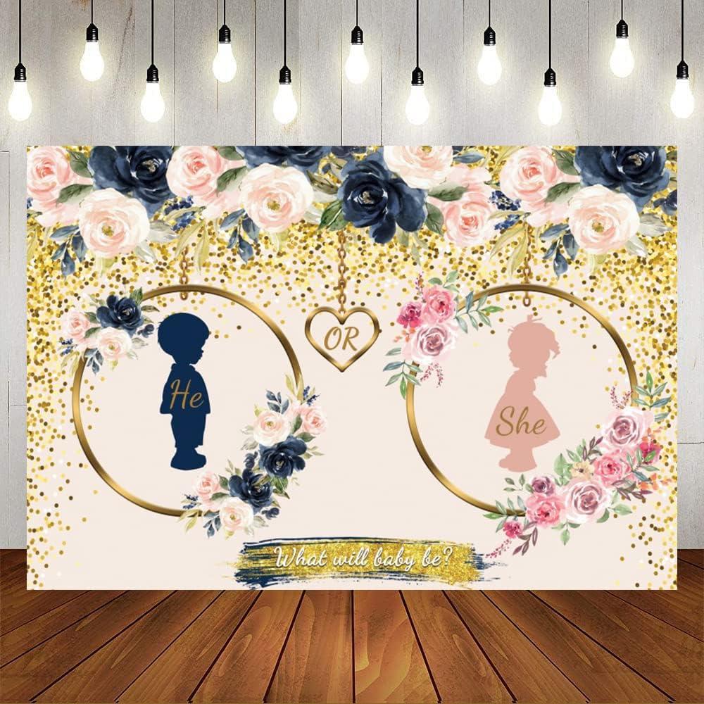 Gender Reveal Backdrop 7x5ft Navy and Blush He or She What Will Baby Be Gender Reveal Backdrop Boy or Girl Pregnancy Reveal Photography Background Baby Shower Backdrop Cake Table Decor