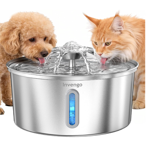 Invengo Cat Water Fountain Stainless Steel 3.2L/108oz, Automatic Pet Fountain for Cats & Dogs, Ultra Quiet <25 dB Pump, LED Water Level Window, Easy to Clean