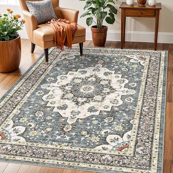 Washable Oriental Area Rug - 3x5 Rugs for Living Room Soft Carpet for Bedroom Waterproof Floral Distressed Indoor Stain Resistant Non-Shedding Floor Carpets (Blue, 3X5) Washable Oriental Area Rug - 3x5 Rugs for Living Room Soft Carpet for Bedroom Waterproof Floral Distressed Indoor Stain Resistant Non-Shedding Floor Carpets (Blue, 3X5)