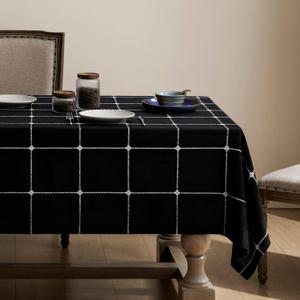 ZeeMart Grid Embroidered Hemmed Tablecloths, Black 52x52 Inch, Farmhouse Style Heavy Weight Cotton Linen Black Tablecloths, Boho Plaid Water Resistant Square Table Cloth