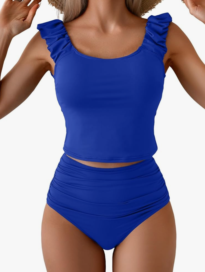 Eomenie Tankini Swimsuits for Women Ruched Tummy Control Bathing Suits Two Piece Swim Tank Top with High Waisted Bottom, L, Royal Blue