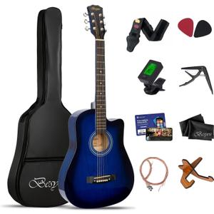38 inch Blue Acoustic Guitar Beginner Kits 3/4 Cutaway Wood Acustica Guitarra for Beginners Adults with Online Lesson,Gig Bag,Picks,Steel Strings Strap with Picks Holder