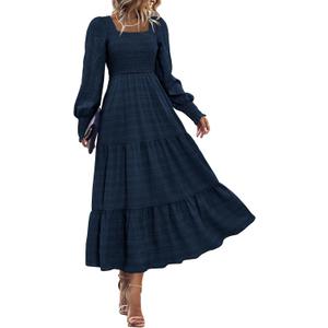 KIRUNDO Spring Dresses for Women 2026 Wedding Guest Maxi Long Sleeve Summer Smocked High Waist Flowy Party Cocktail Dress (Small, Navy)