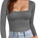 MANGOPOP Womens Square Neck T Shirts Long Sleeve Short Sleeve Tops Fitted Tees, Size S