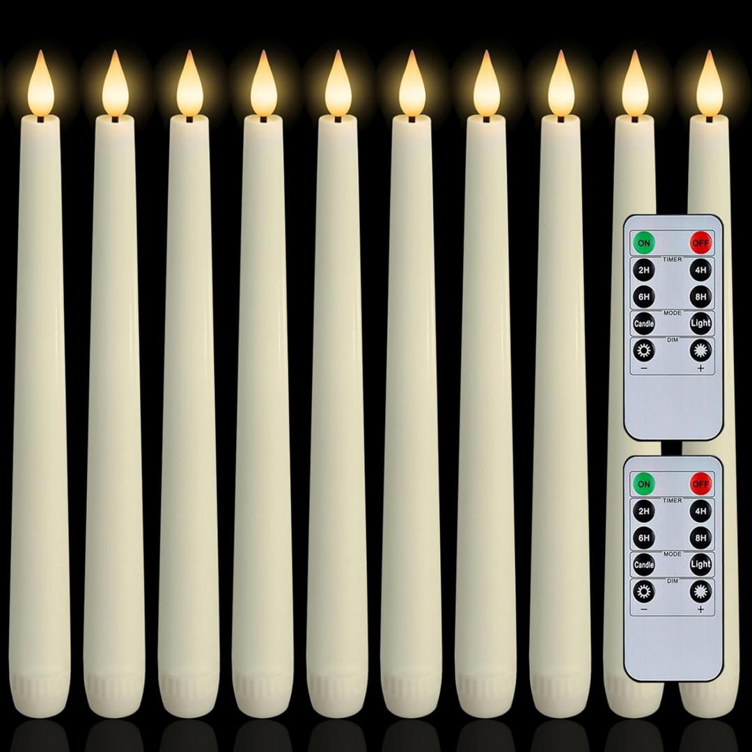 Homemory 12 Pcs Waxy Flameless Taper Candles with Remote, Led Flameless Candlesticks Classic Tall Candle, Flickering Battery Operated Taper Candles for Bedroom, Dining Room, Ivory, 9.6 inches